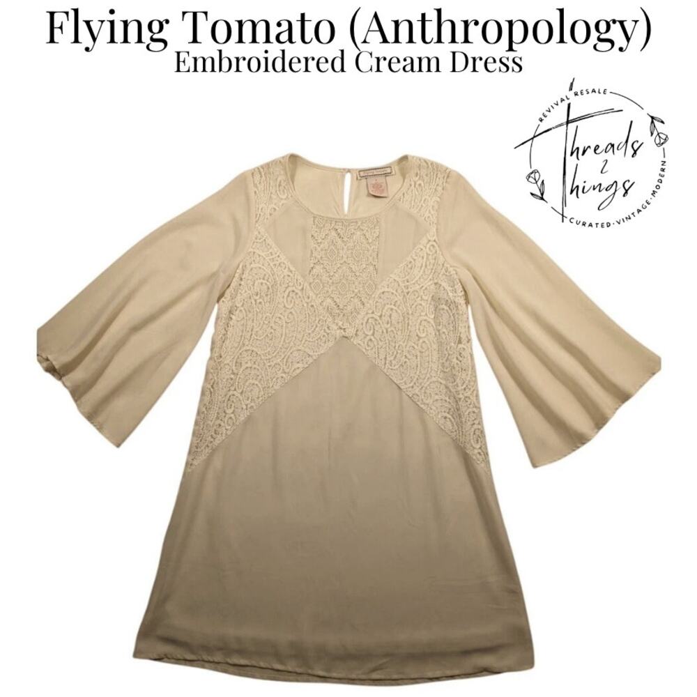 Anthropologie Flying Tomato Dress Sm Cream‎ Dainty Lace Boho Embroidery Retro